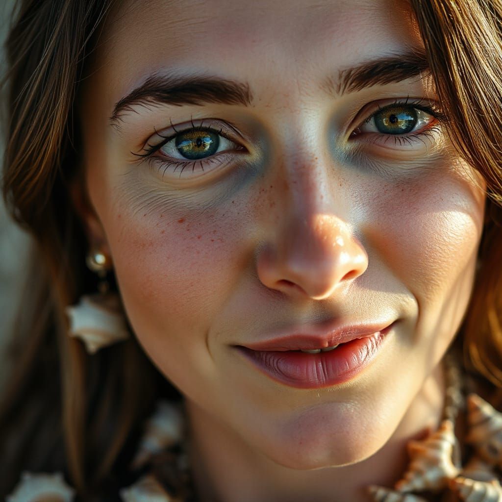 Photorealistic Portrait with Seashells and Freckles