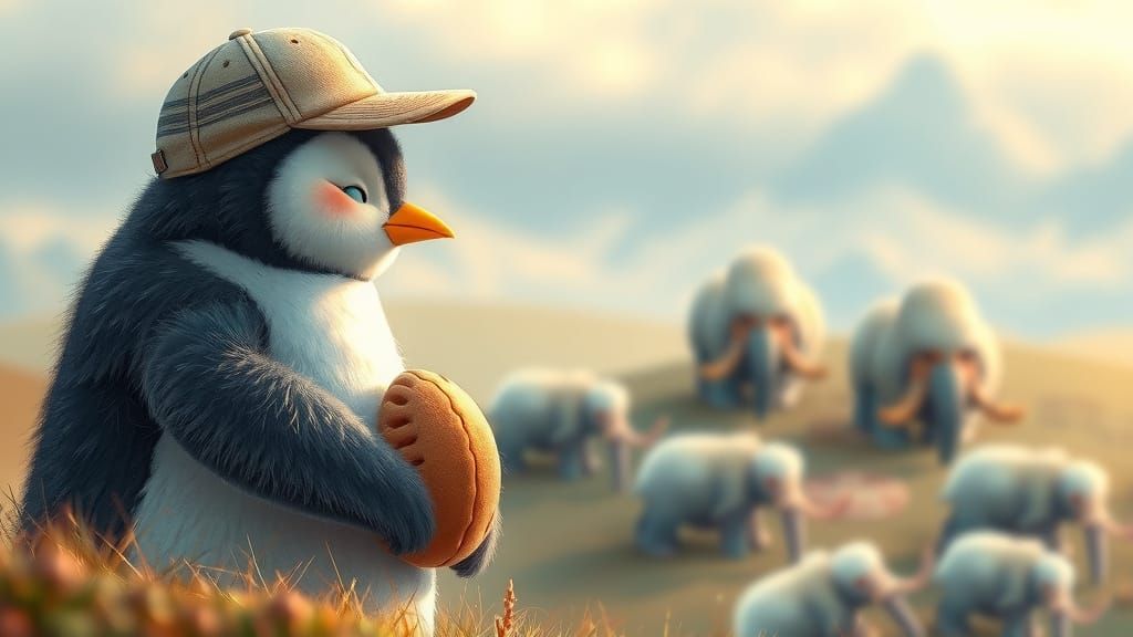 Whimsical Penguin Watches Mammoths Play Baseball in a Dreaml...