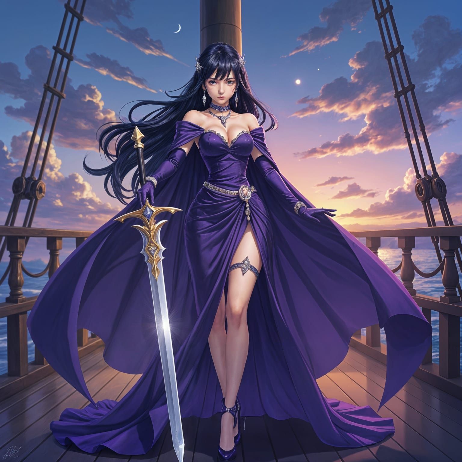 Anime Villainess in Purple Dress on Ship