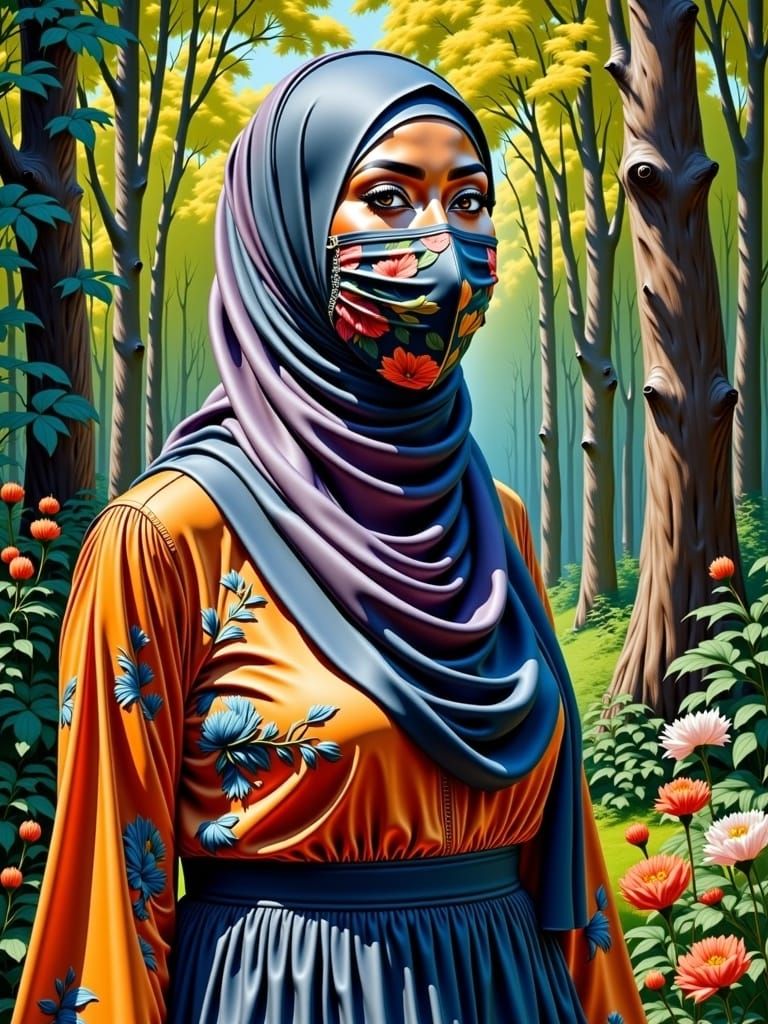 African Woman in Hijab and Mask in Lush Forest