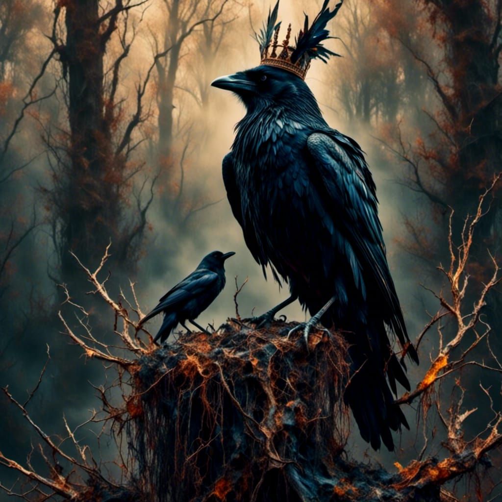 Raven with Pearl and Crown in Enchanted Forest