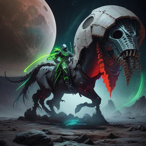 Goon Rides Alien Steed on Cratered Moon