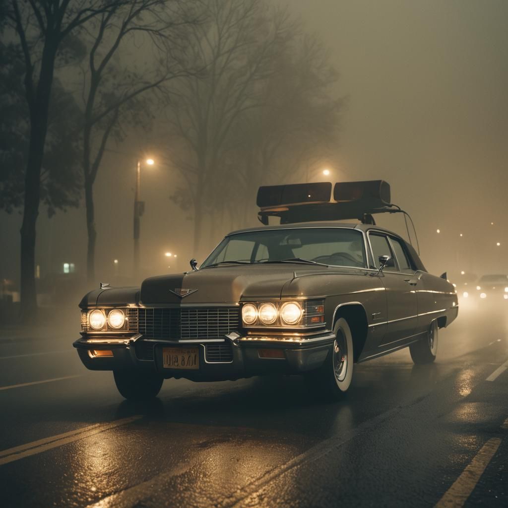 Vintage Cadillac on Misty Highway at Night