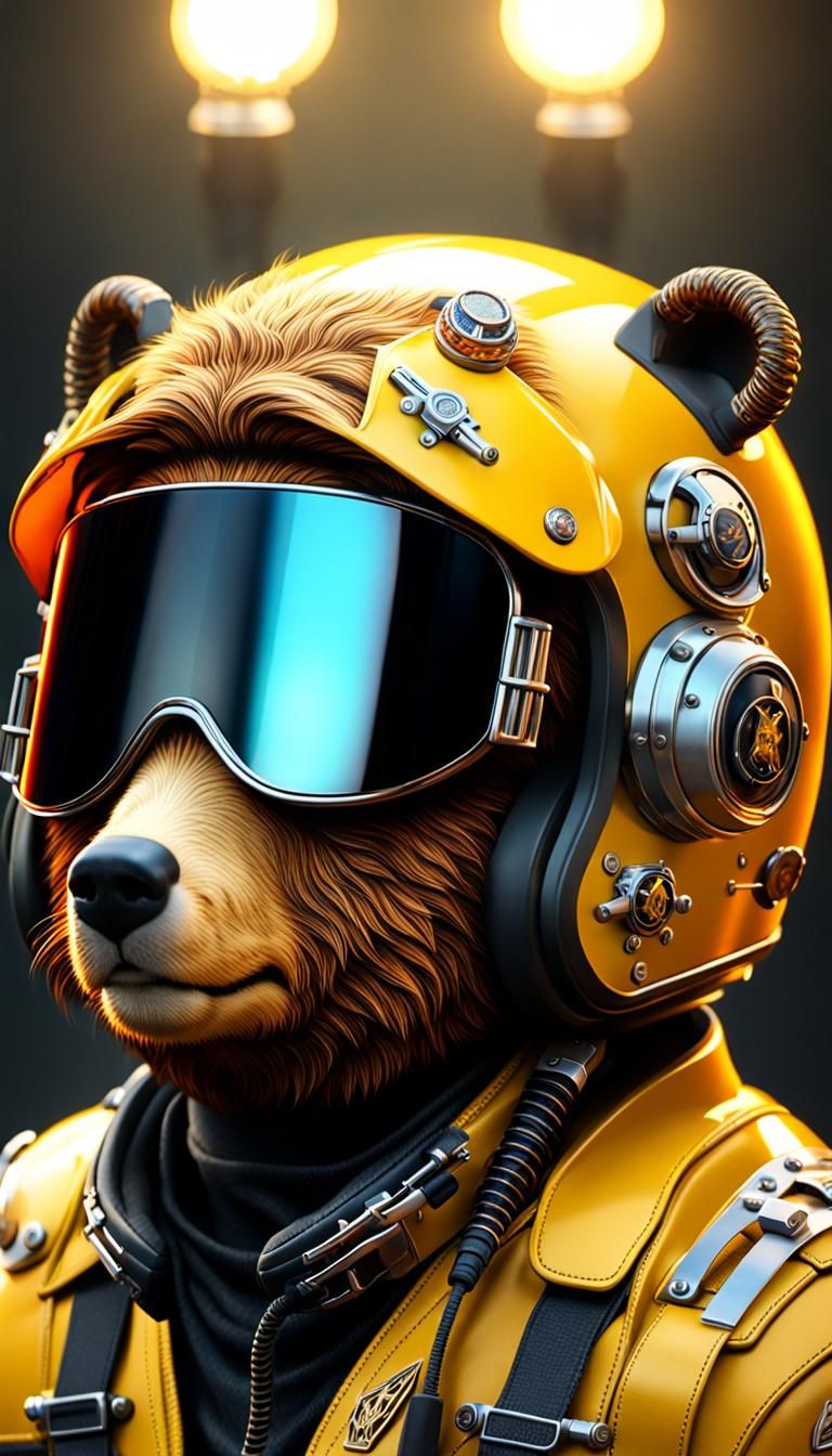 Yellow Motorcycle Helmet with Fire Bear Symbol