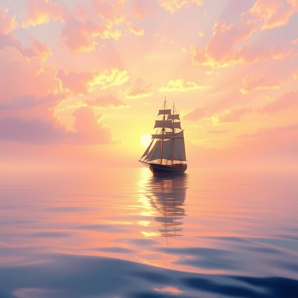 Serene Sunrise Sailing Ship on Glassy Water