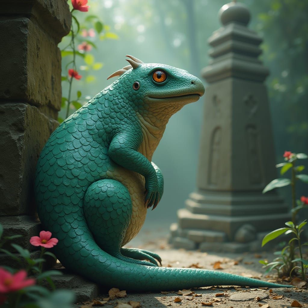 Jade Platypus in Jungle Temple, Fantasy Art