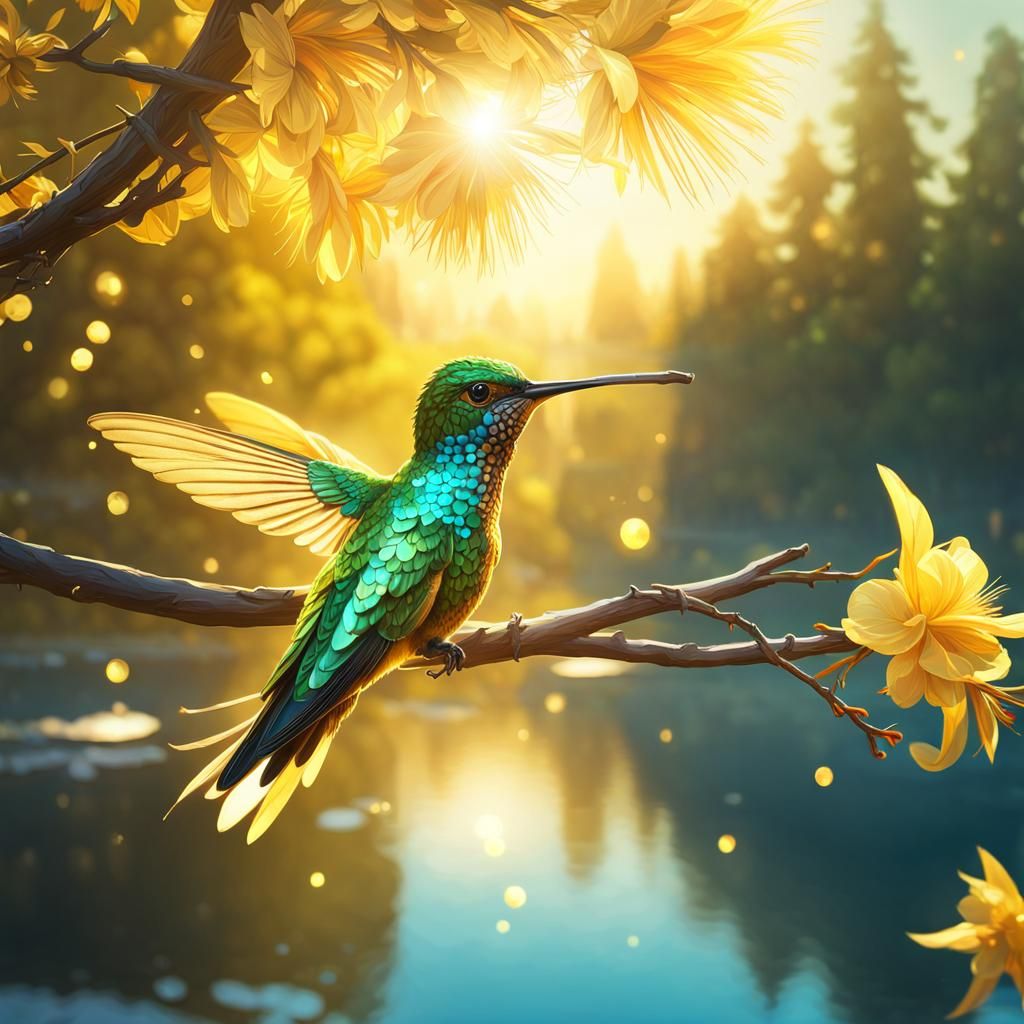 Crystal Hummingbird on Branch, Digital Art