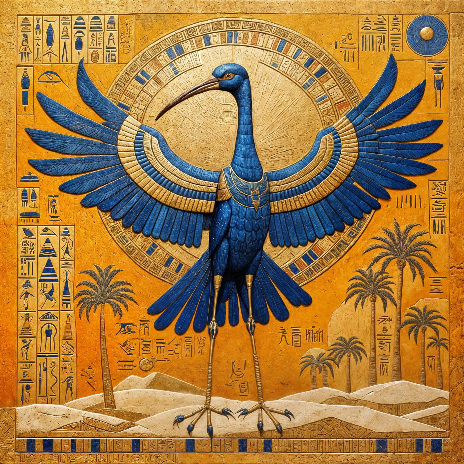 Ancient Egyptian Ibis Portrait with Hieroglyphs