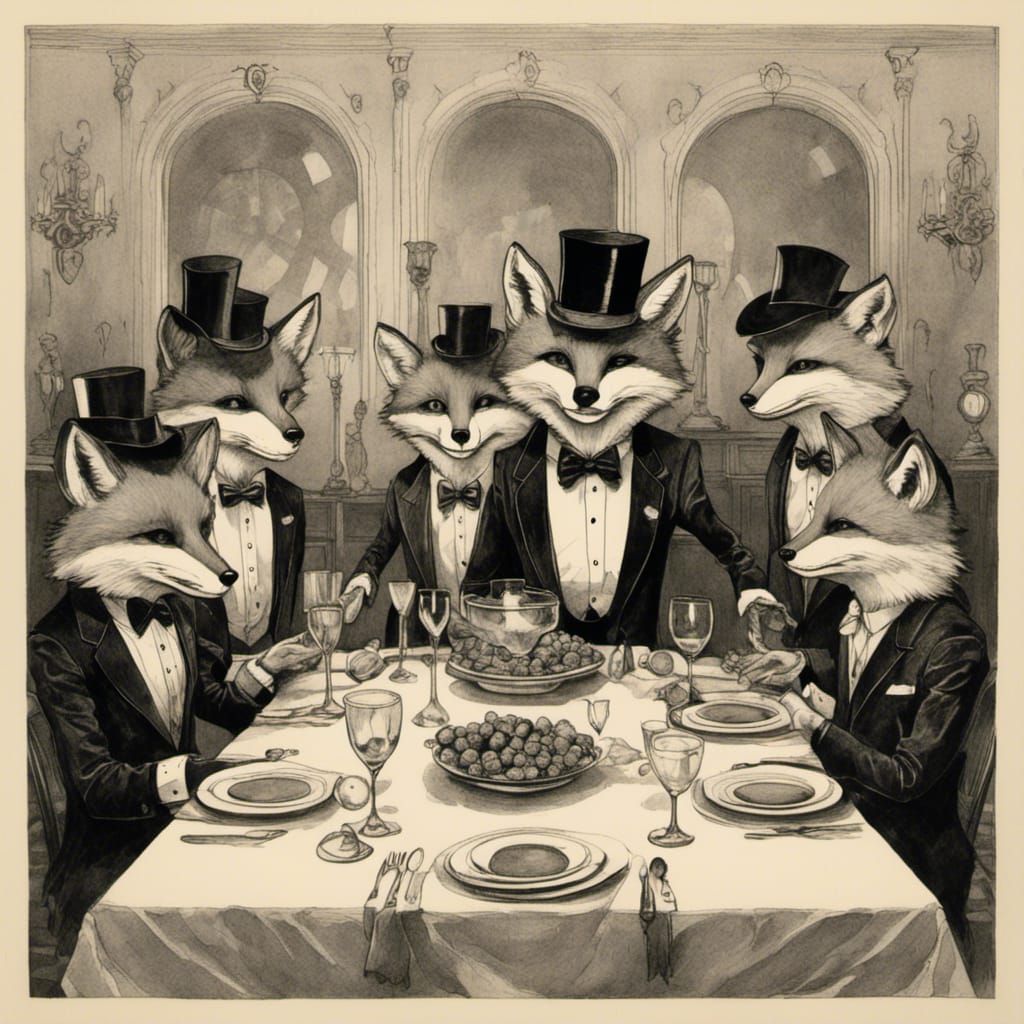 Fox in Tuxedo at Dinner Party