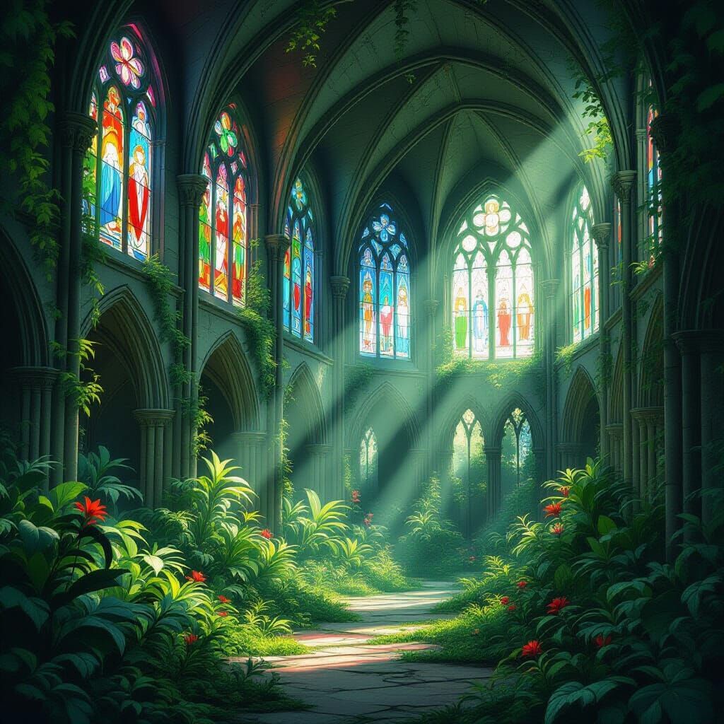 Overgrown Gothic Cathedral Garden Bathed in Sunlight