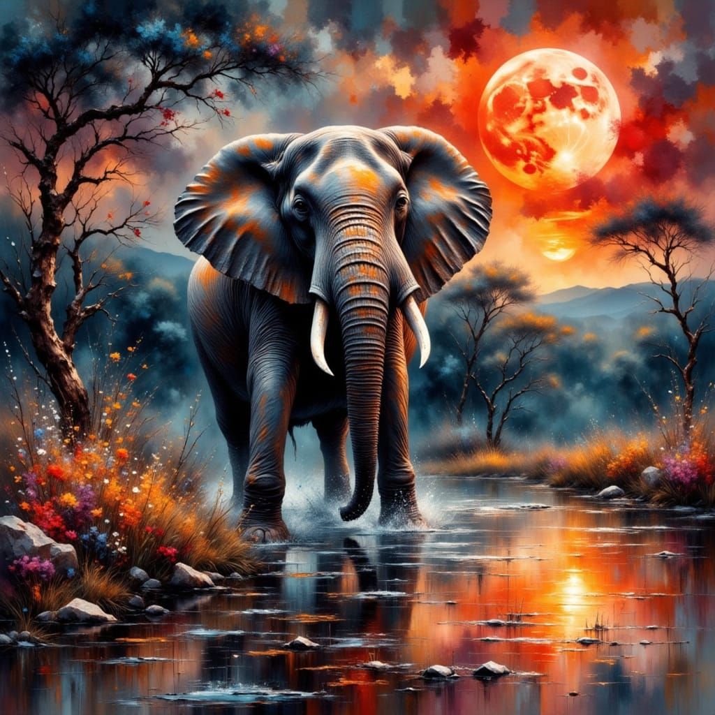 Elephant Splashing Under Red Moon as Impressionist Painting