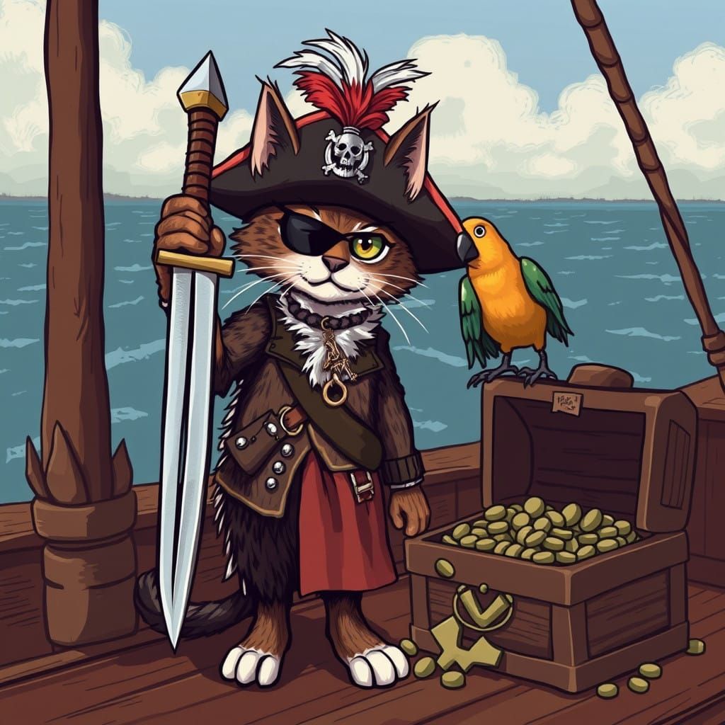 Feline Pirate Swashbuckler in Epic Maritime Adventure