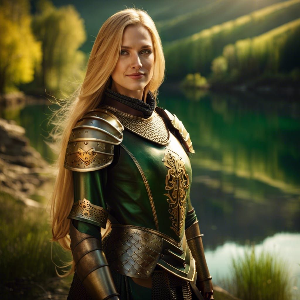 Blonde Woman in Medieval Armor by Mountain Lake