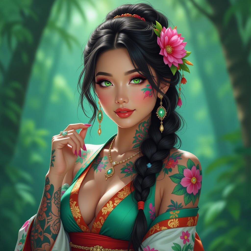 Dark-Skinned Asian Woman with Tattoos and Green-Blue Eyes in...