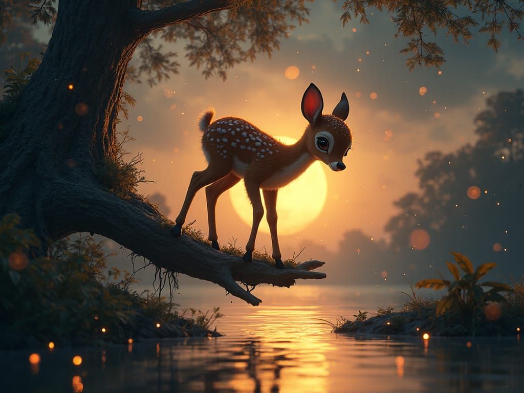 Bambi Dances on Falling Branch Under Glowing Fireflies