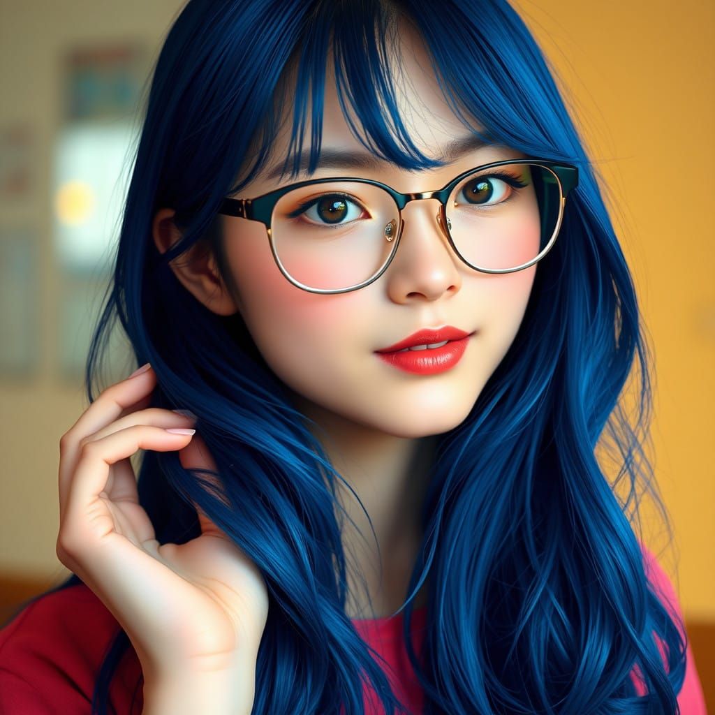 Girl with Electric Blue Hair in Trendy Glasses