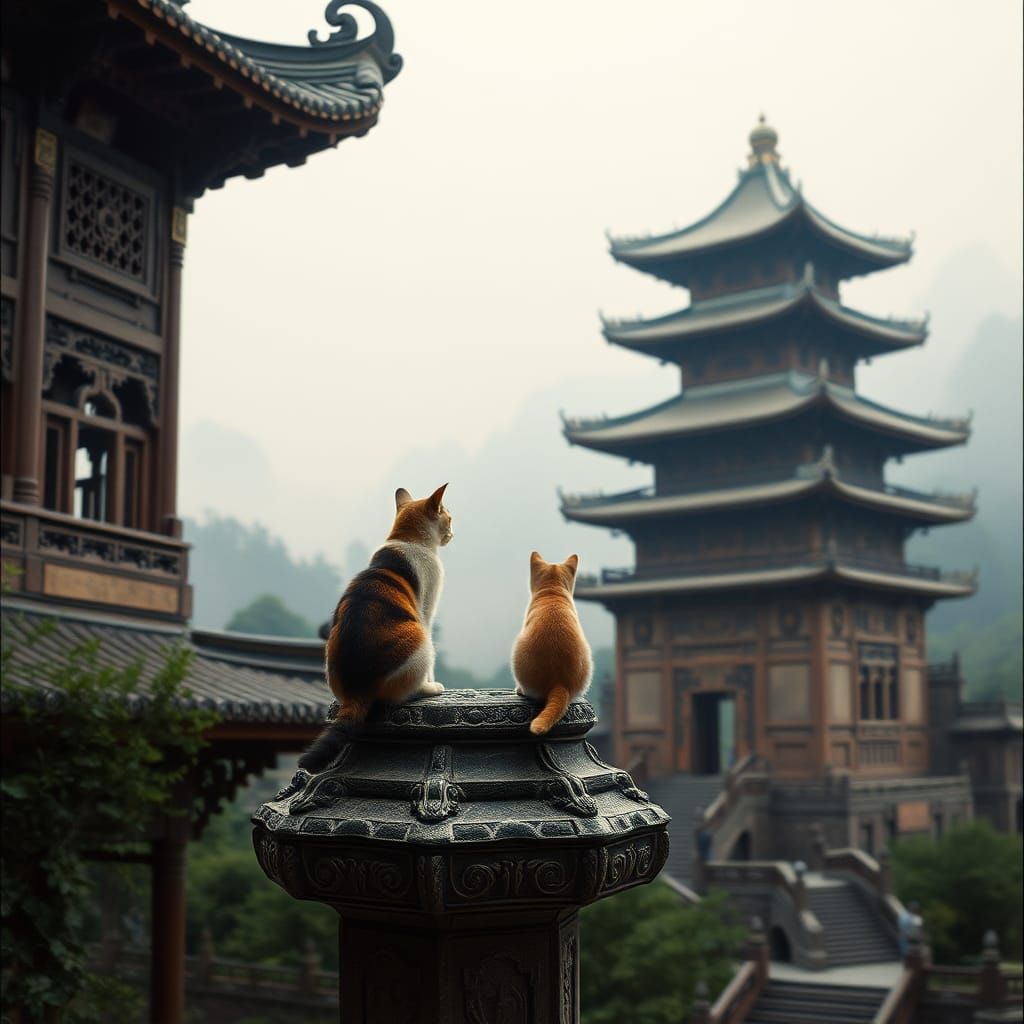 Ancient Chinese Temple with Cats: Cinematic Film Still