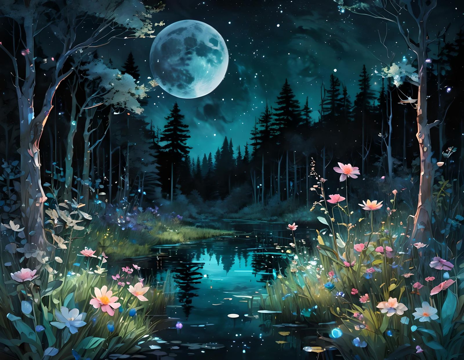 Moonlit Meadow: Digital Watercolor Fantasy Landscape