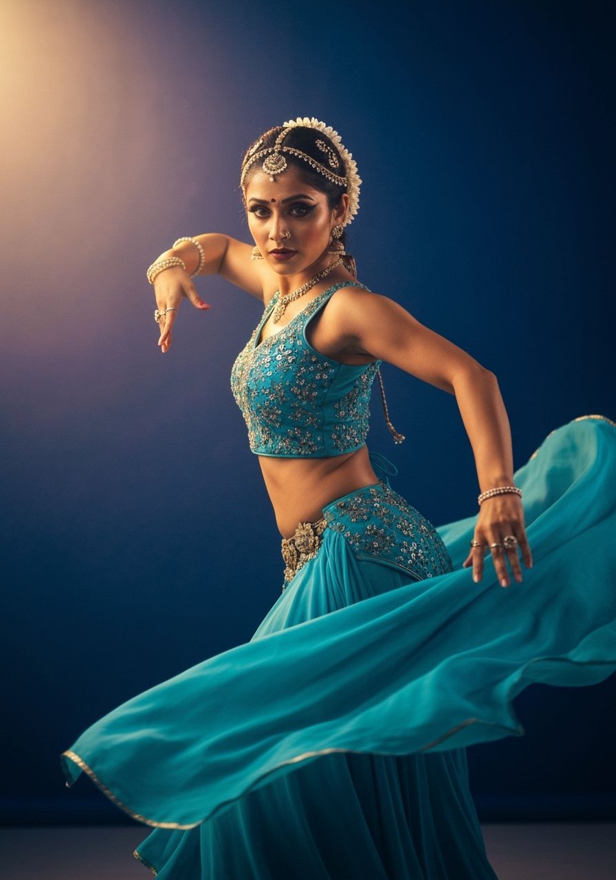 Captivating Middle Eastern Dancer in Flowing Turquoise Gown