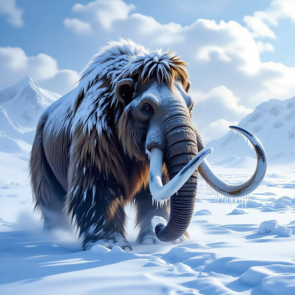Icy Mammoth in Snowy Landscape, Fantasy Art Style