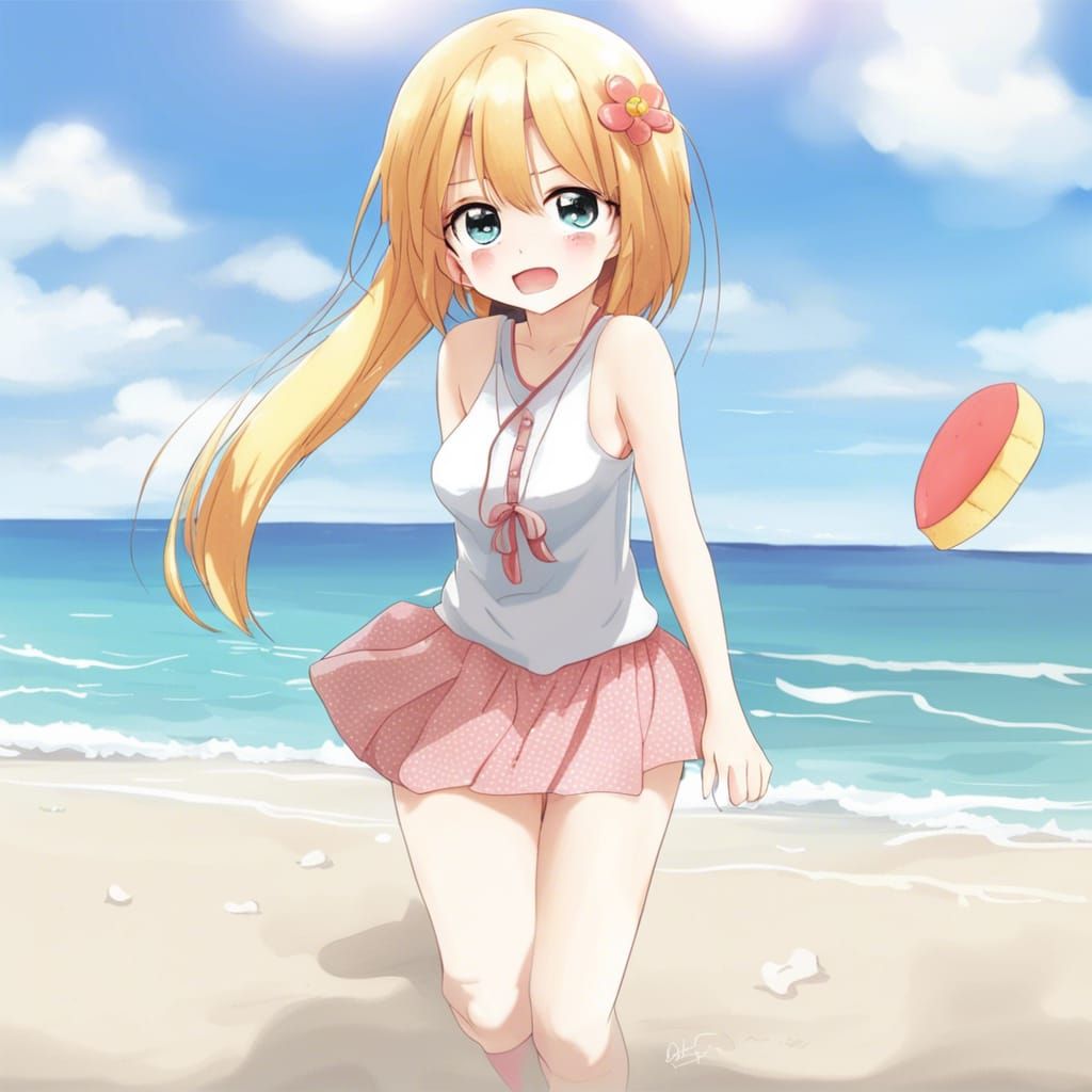 Cute Girl on Beach in Anime Art Style