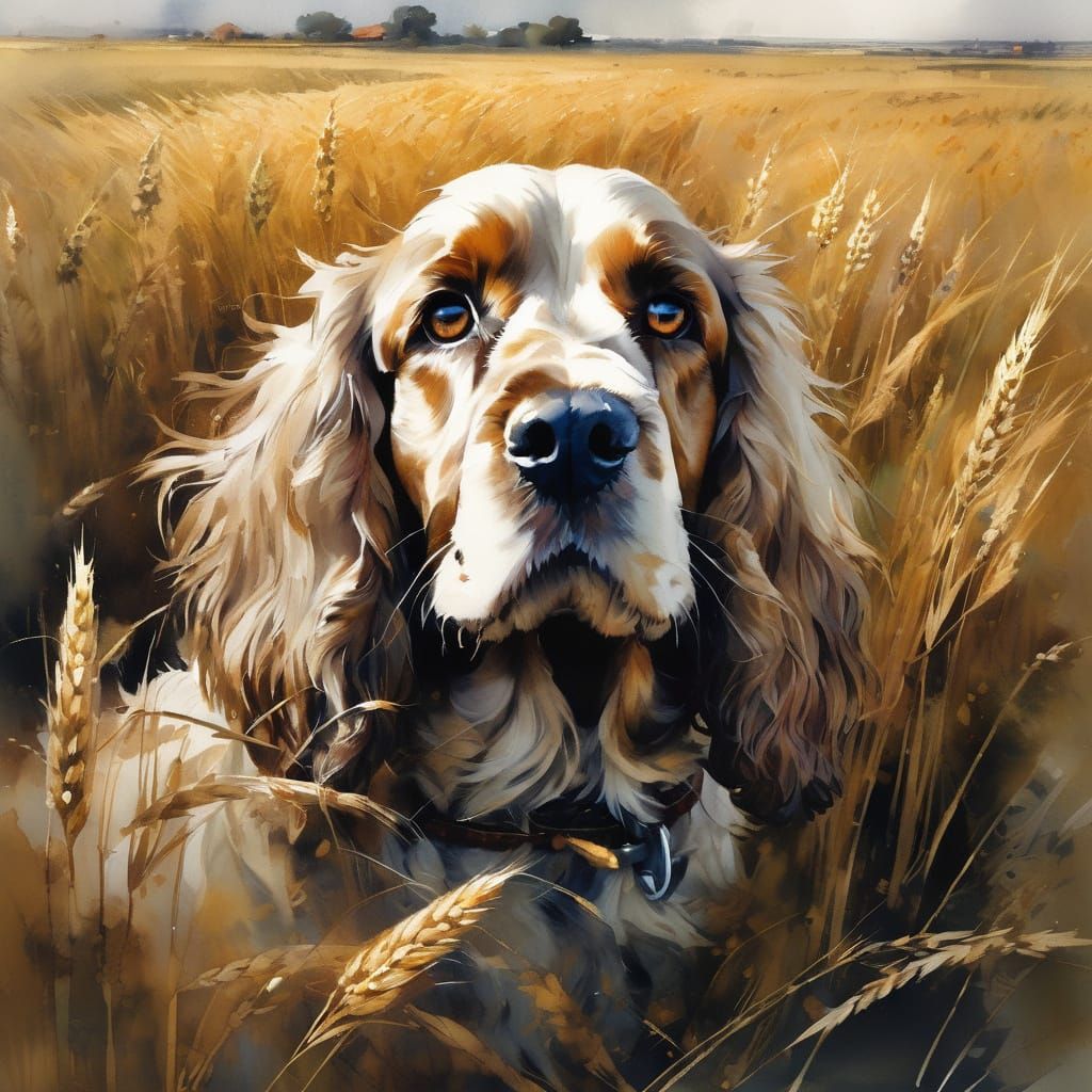 Cocker Spaniel in Wheat Field Watercolor Portrait