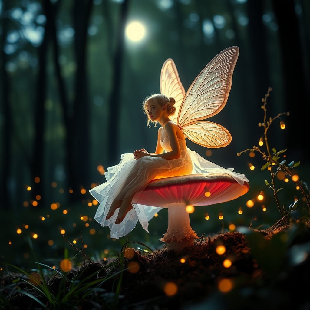 Ethereal Fairy in Moonlit Forest with Fireflies