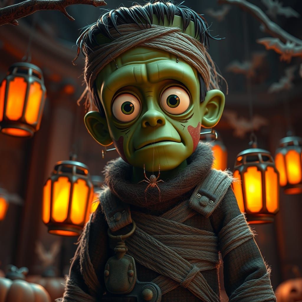 Pixar-Style Frankenstein's Monster in Anime Halloween Scene