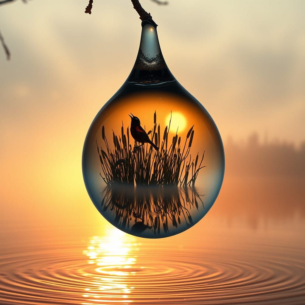 A Glinting Water Droplet Dominates a Misty Marshscape