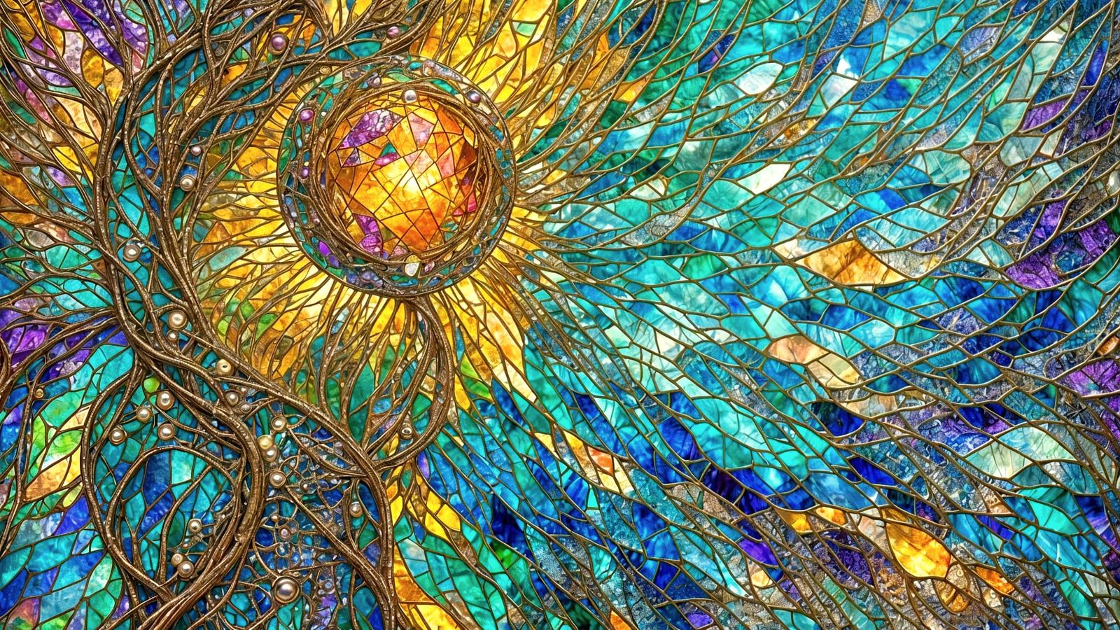 Abalone and Pearl Kintsugi Orb in Dappled Sunlight