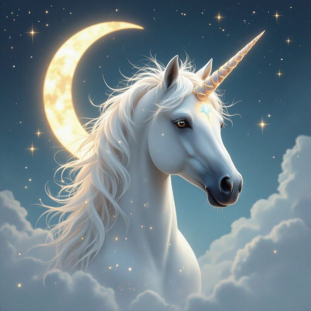 Stardust Unicorn with Crescent Moon: Ethereal Digital Art