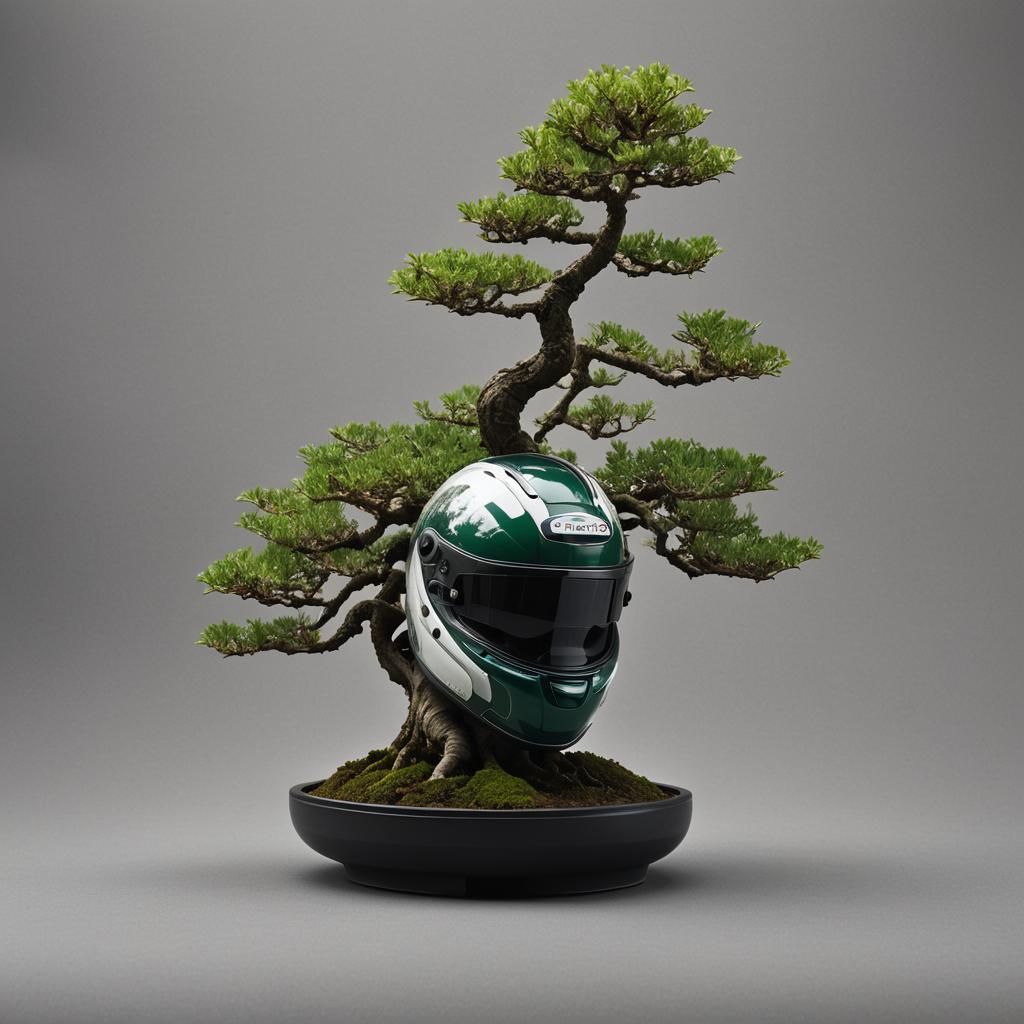 Bonsai Tree Growing Through Racecar Helmet