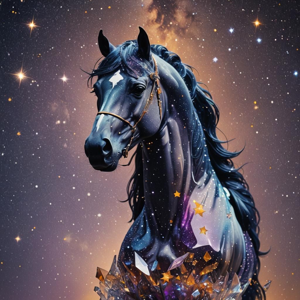 Crystal Horse in Starry Sky: Double Exposure Portrait