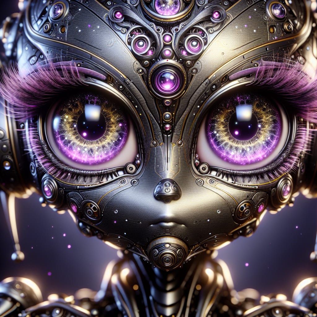 Cute Cyborg Alien with Lilac Eyes in Digital Watercolor