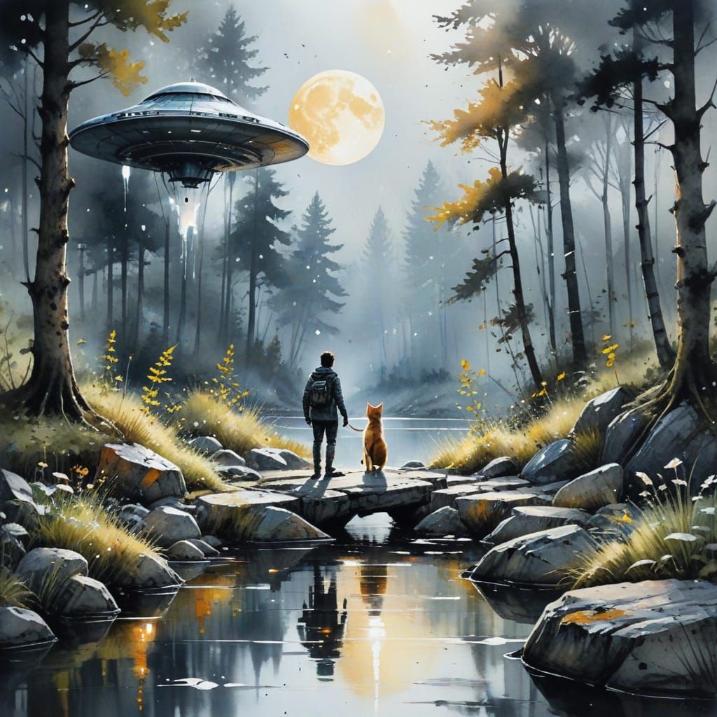 Alien and Cat Meet Under Full Moon in Watercolour Style