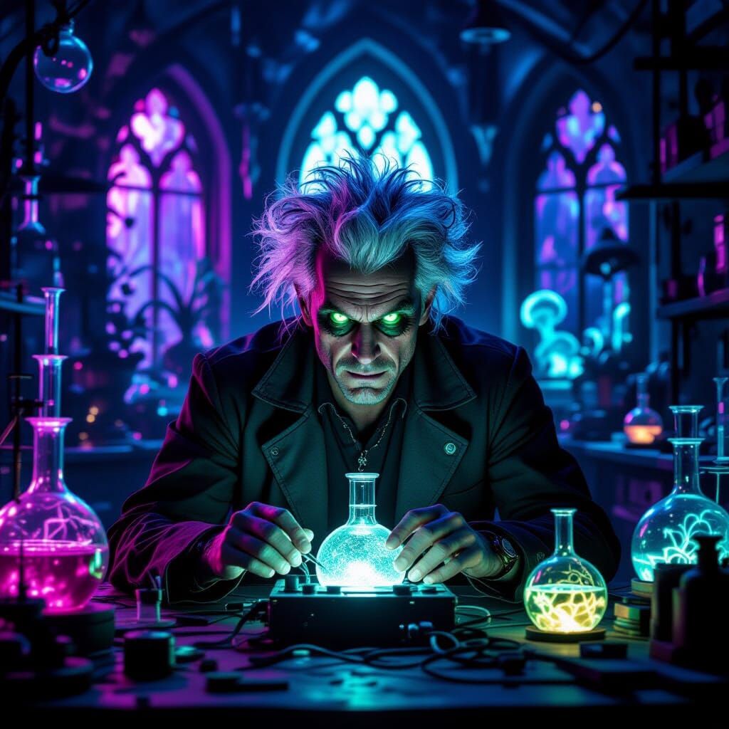 Crazed Scientist with Glowing Eyes Over Complex Device