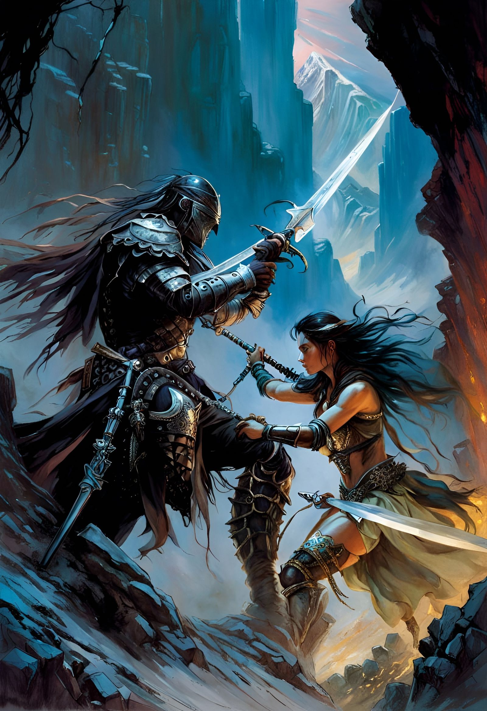 Adventuress in Mountain Battle, Digital Art