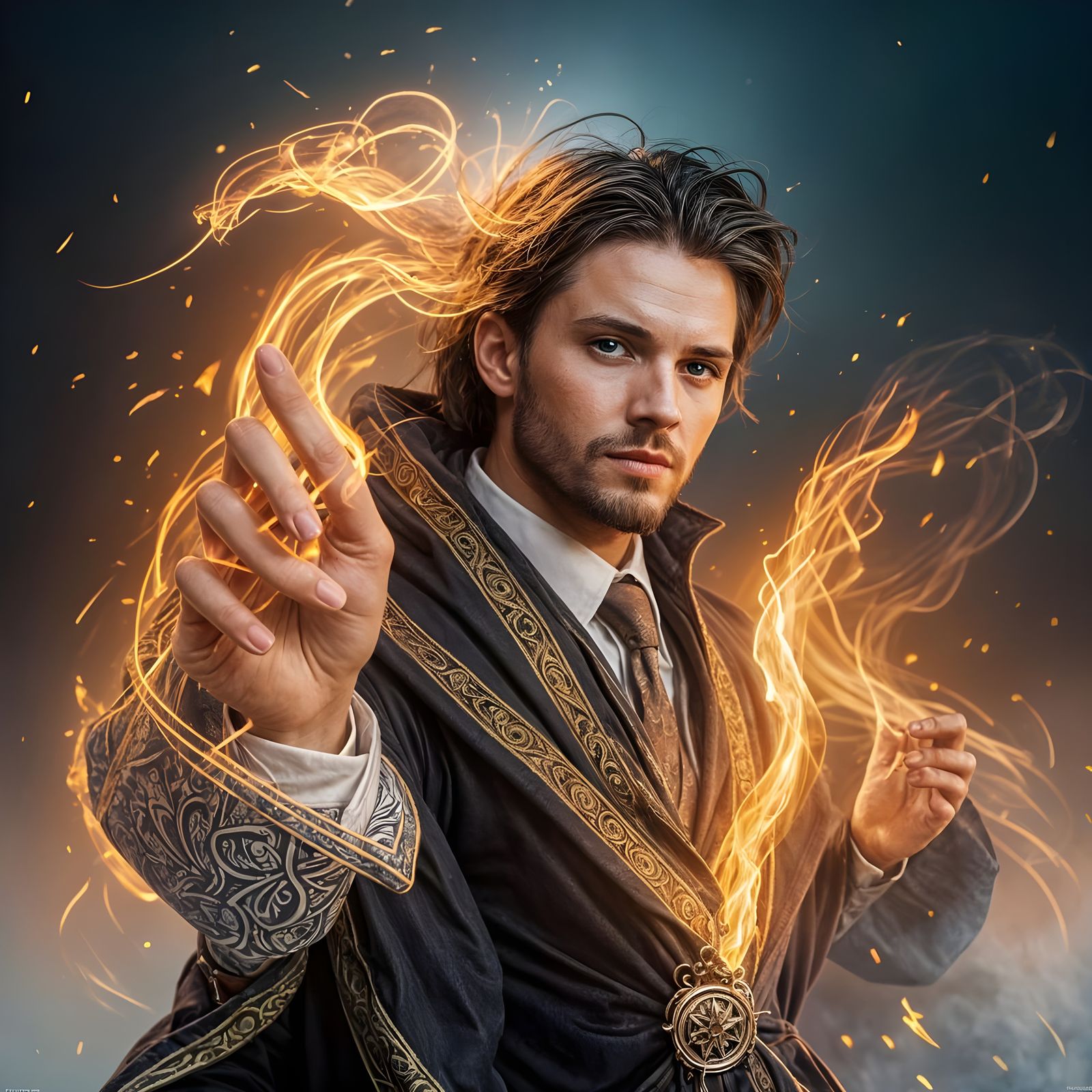 Wizard Casting Explosive Fire Spell: Hyperrealistic Art