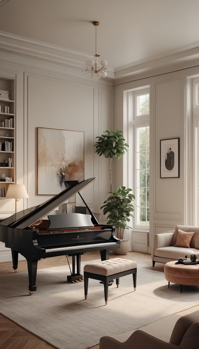 Minimalist Living Room with Grand Piano in 4K