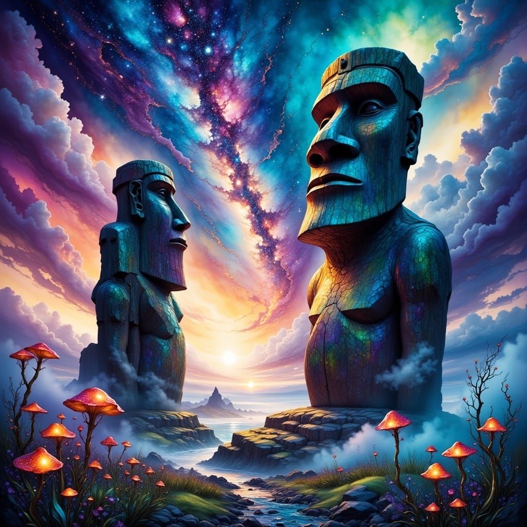 Mystical Moai Guardians in a Celestial Landscape