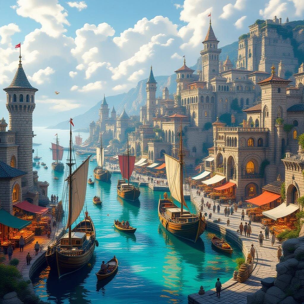 Ancient Harbor Scene in Vibrant Kingdom Era Style
