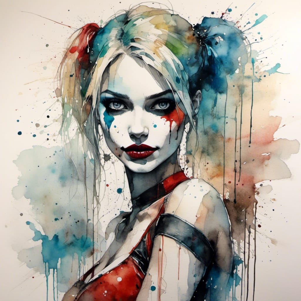 Harley Quinn Watercolor in Neurographic Ink Style