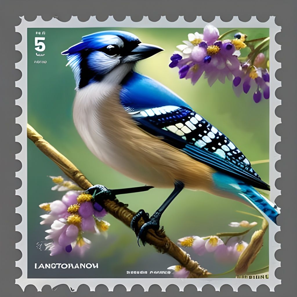 Art Deco Blue Jay Postage Stamp in Black Ink