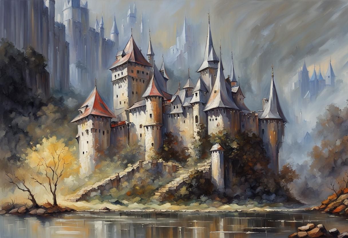 Medieval Castle in Lake: Fantasy Acrylic Painting