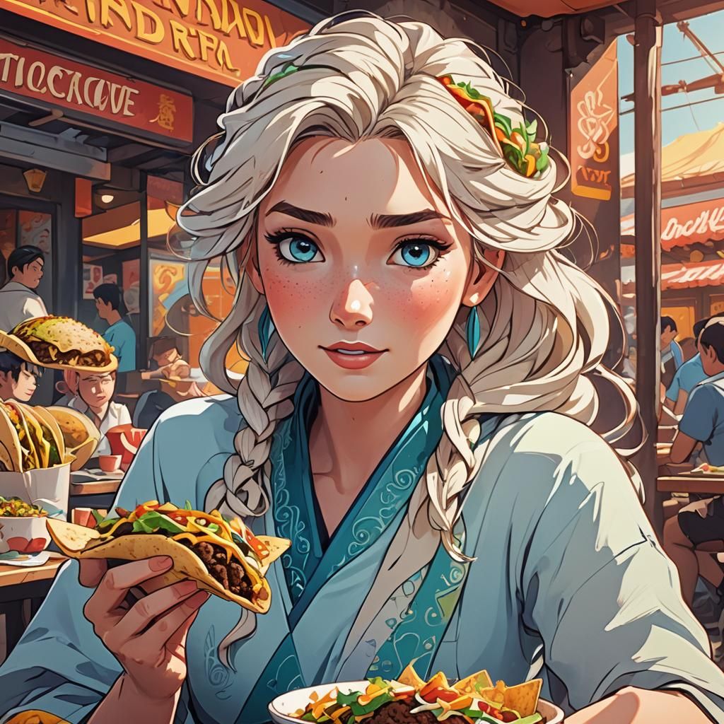 Elsa's Taco Time: Anime-Style Fast Food Art