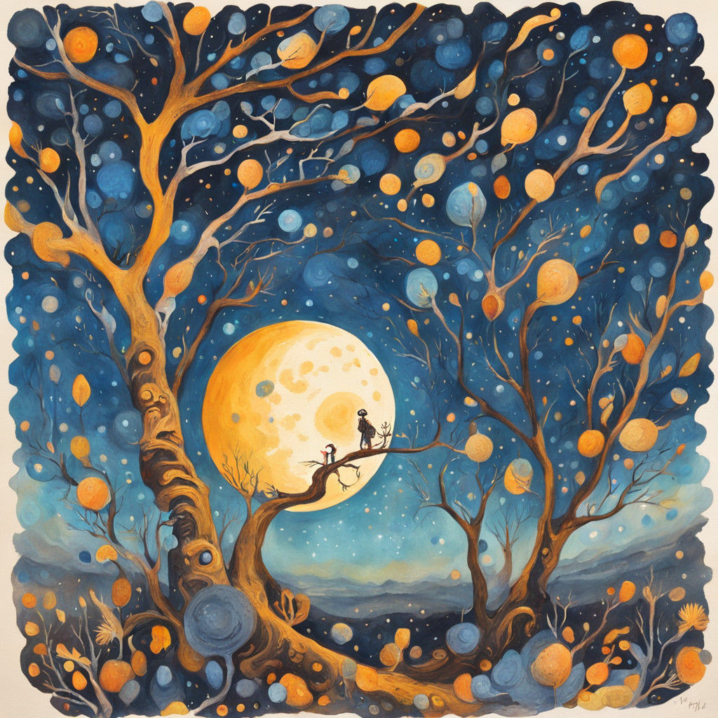 Whimsical Moon Stuck in Gnarled Tree Gouache Painting