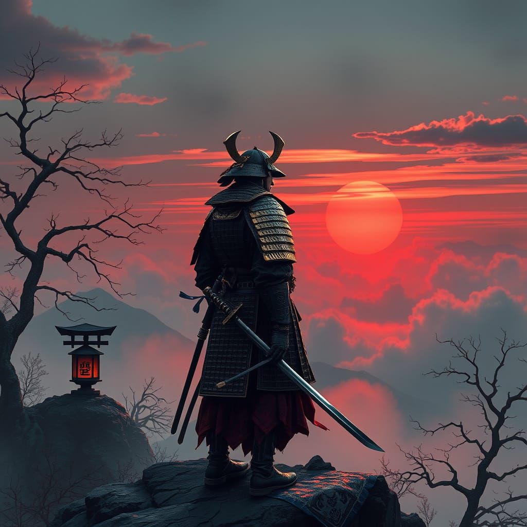 A Stoic Samurai Contemplates a Crimson Sunset