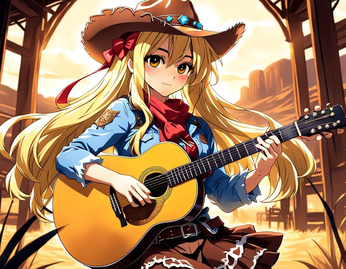 Anime Cowgirl Shakira with Guitar in Western Style