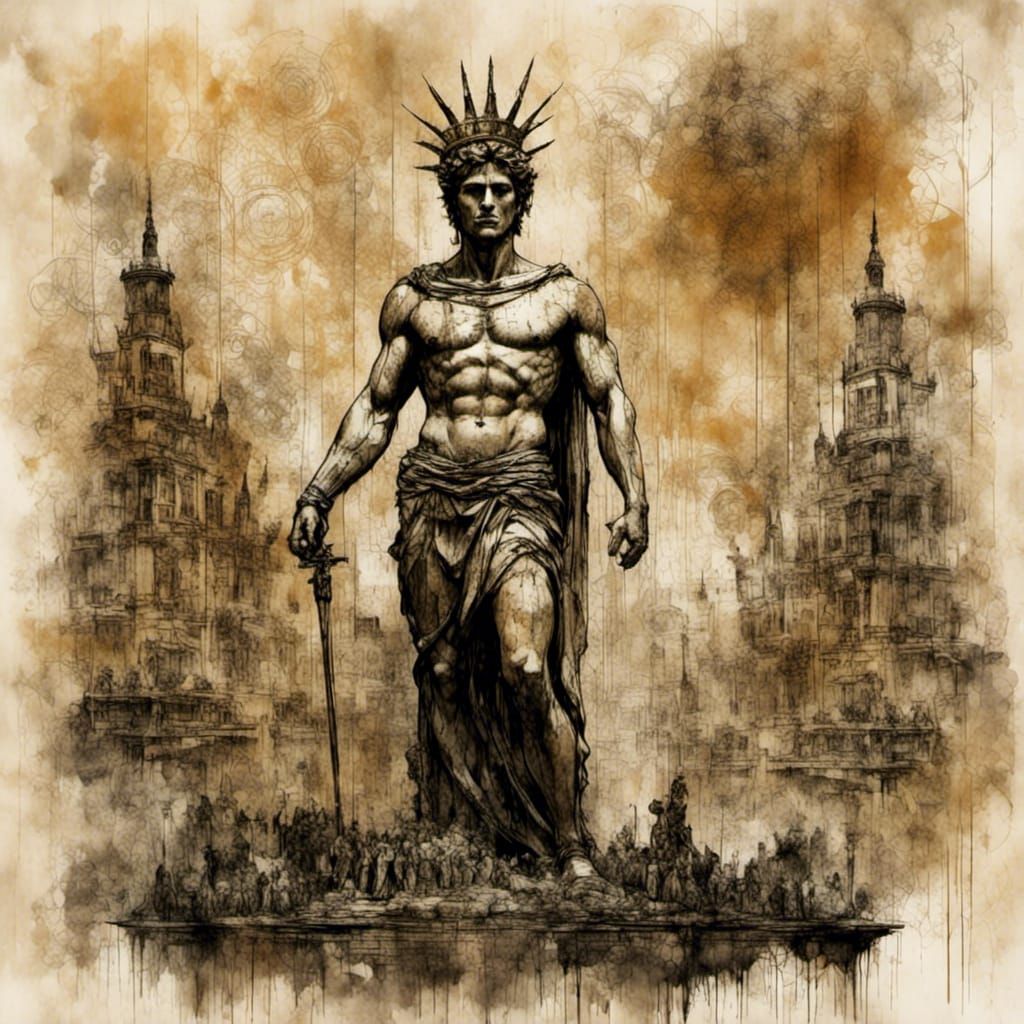 Golden Colossus of Rhodes in Ink Painting Style