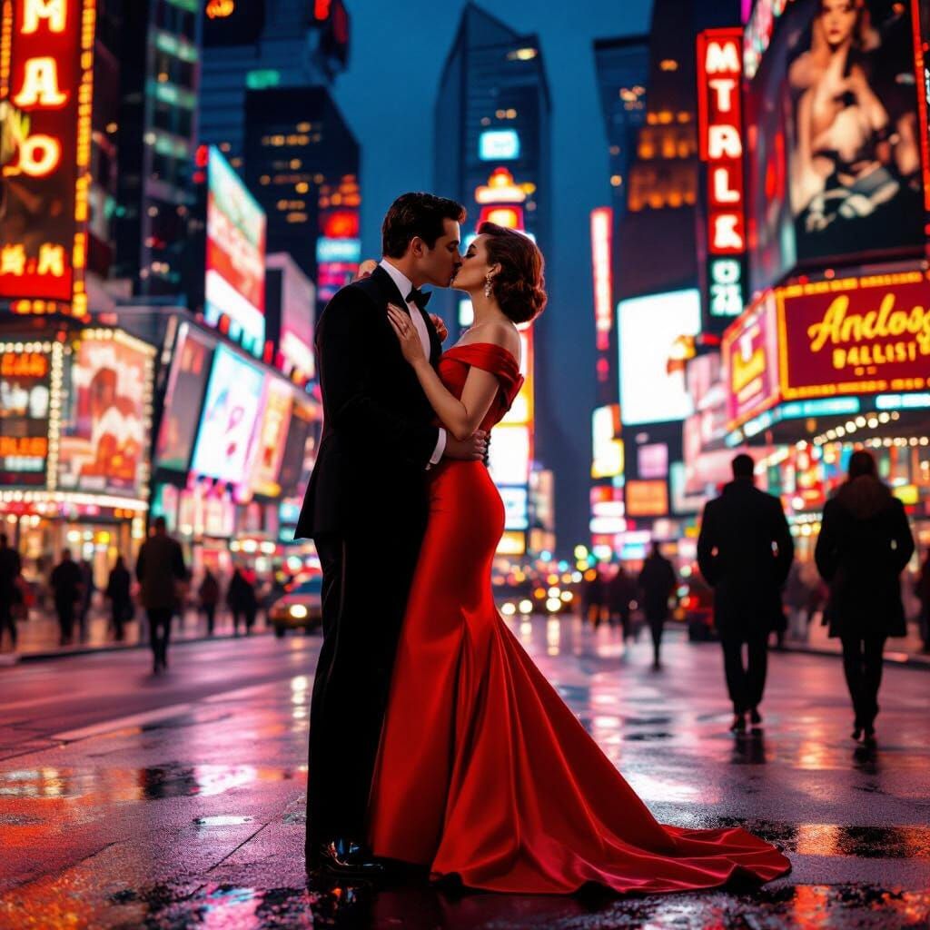 1950s Times Square Couple Kiss in Neon Glow